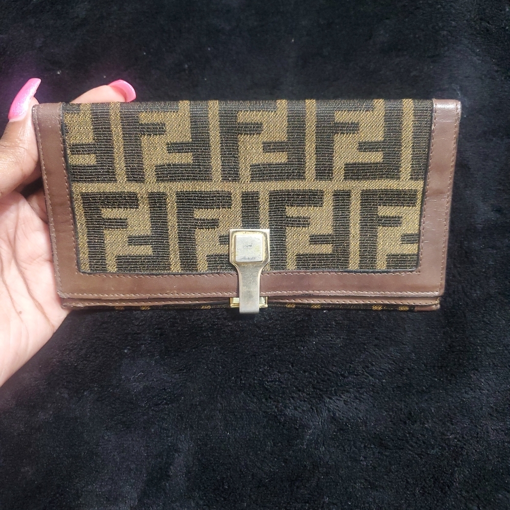 Vintage Fendi Zucca Monogram Canvas Wallet with Gold Tone Closure